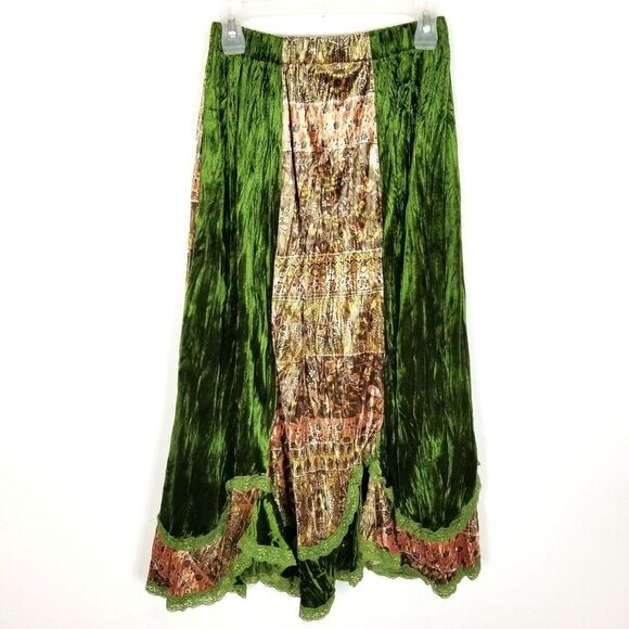 Aryeh Women Silk Velour Blend Midi Skirt Sz M Green Brown Grunge Witchy Pull On